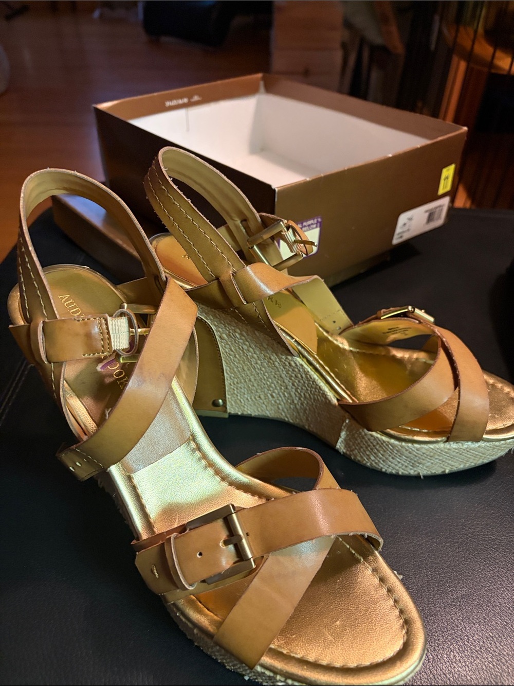 Audrey Brooke Tan Leather Espadrille Wedge Sandals